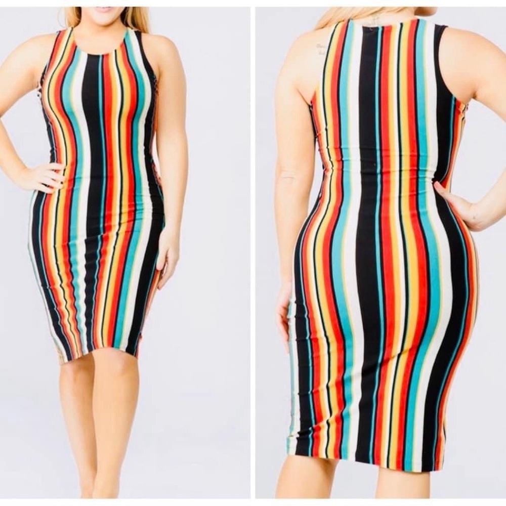 Yelete Women’s Dress Colorful Striped Bodycon Midi Size 3XL Party Casual Summer